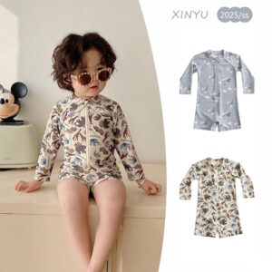 男寶拉鏈長袖連體泳衣+泳帽