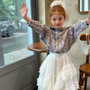 大翻領格子蝴蝶結襯衫