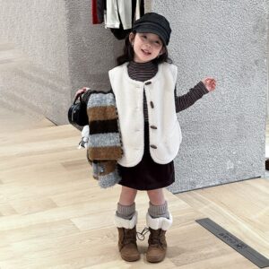 人工鹿皮毛絨木釦背心